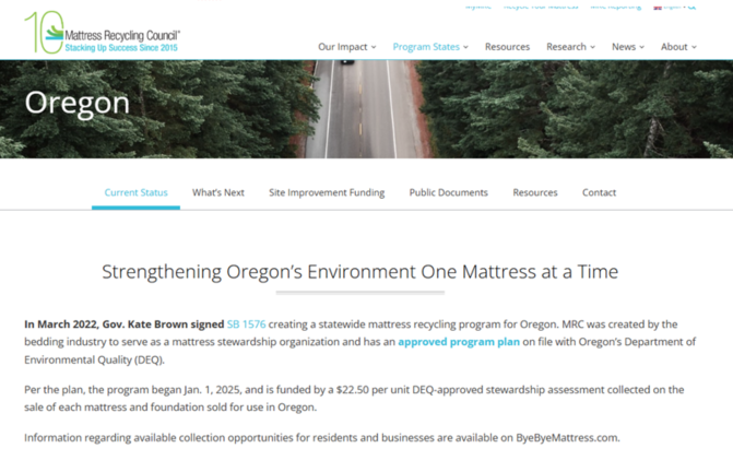 美国床垫回收委员会Mattress Recycling Council（MRC）注册—俄勒冈州(OR)床垫回收合规法规