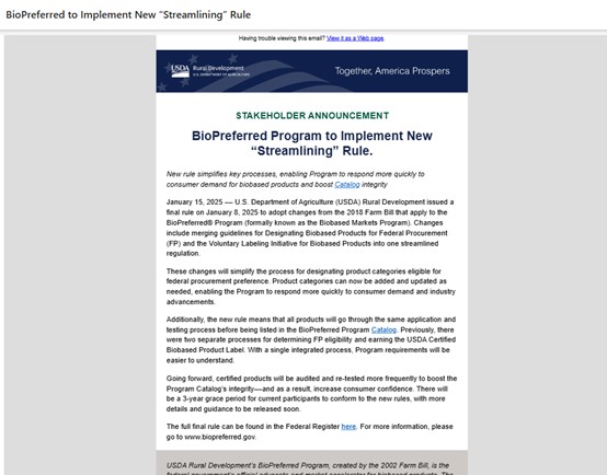 USDA生物基认证：美国农业部（USDA）BioPreferred®计划年度审计规定更新