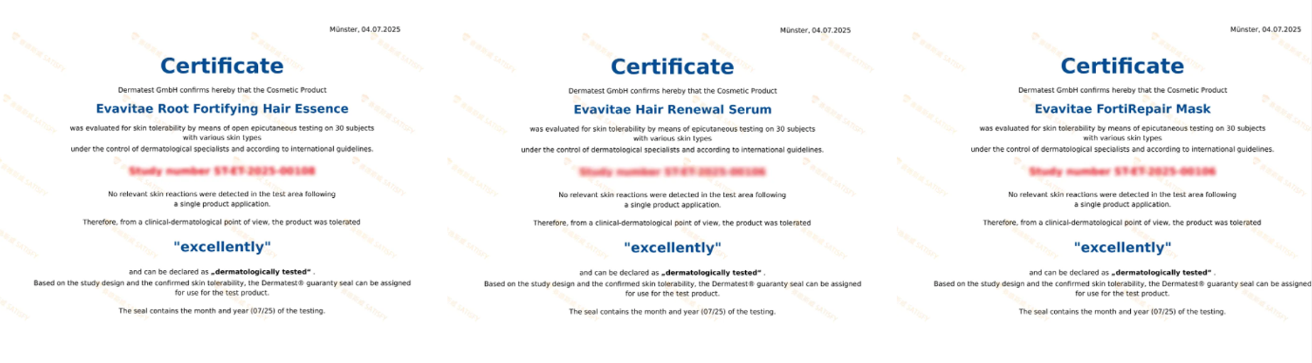 Evavitae防脱生发洗发液、生发精华、修护发膜获得Dermatest® Guarantee Seal